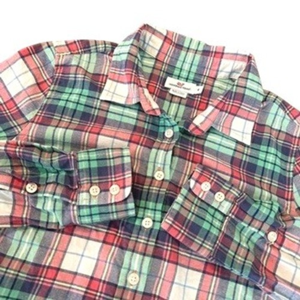 Vineyard Vines‎ Womens Green Pink Plaid Cotton Flannel Popover Shirt 4 Preppy